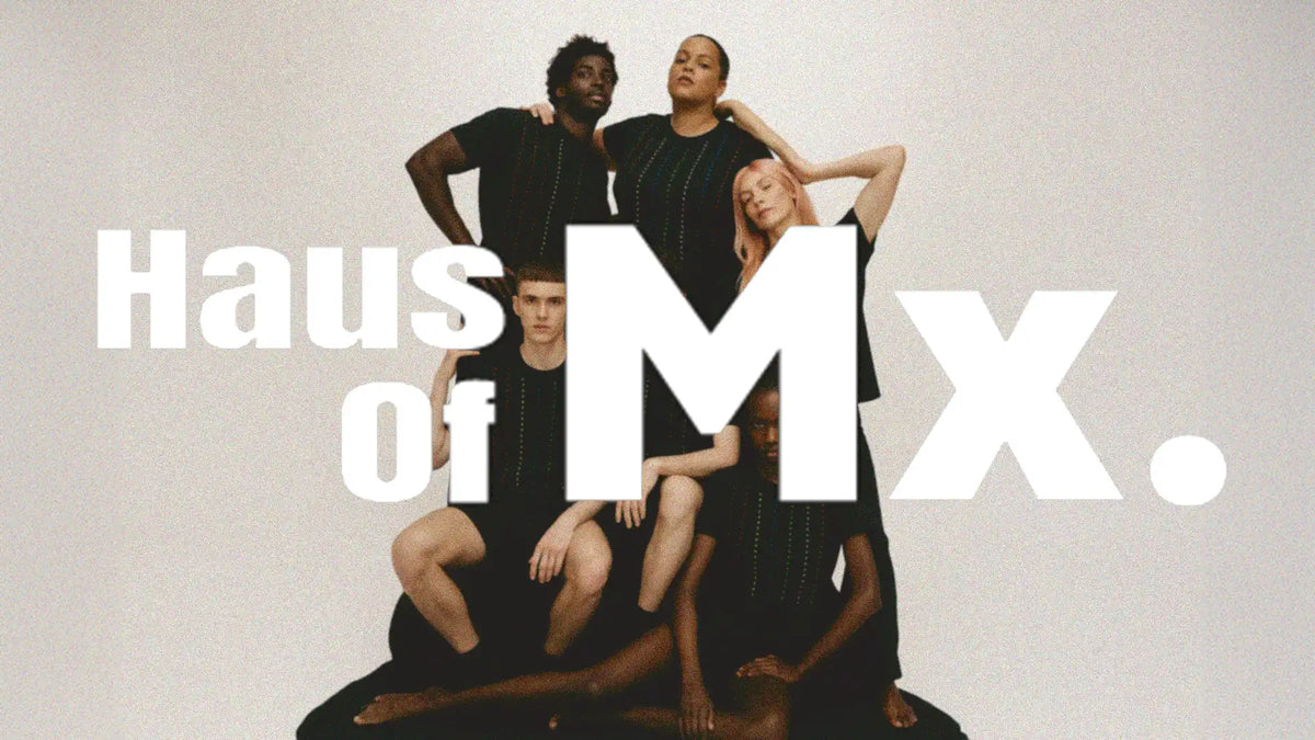 Five models wearing black rhinestone t-shirts posing together, overlaid with Haus of MX logo text on neutral background.