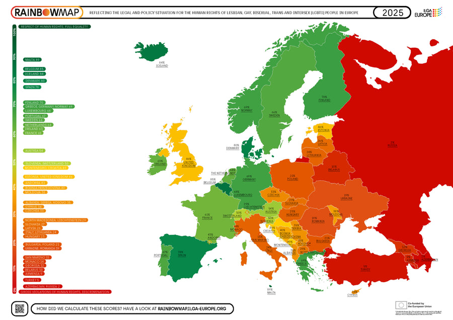 Rainbow Map of Europe showing the legal and policy situation for LGBTQ+ rights across countries