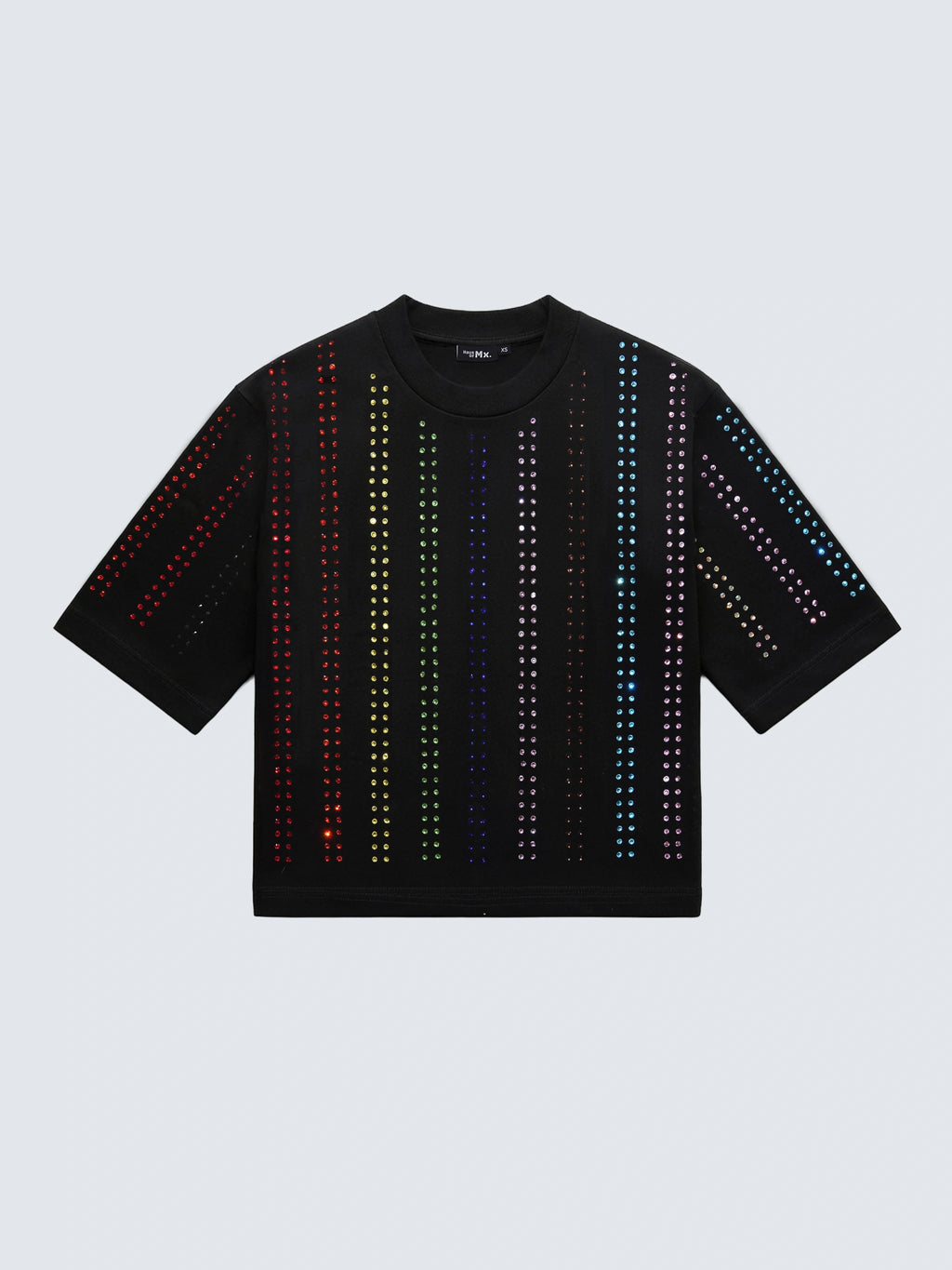 Black Proud T-shirt with vertical rainbow crystal lines, pride inspired, on a light background